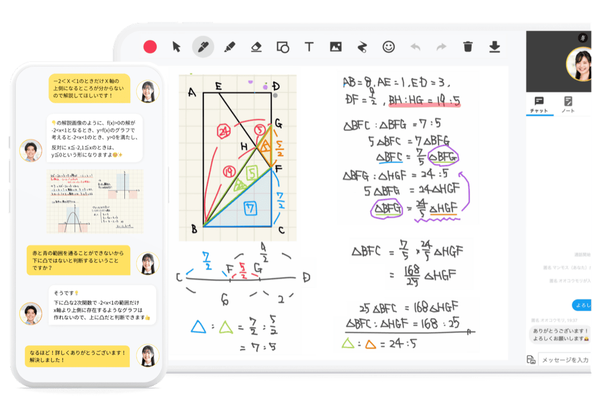QuickTeacherの画面イメージ：ホワイトボード・チャット・通話