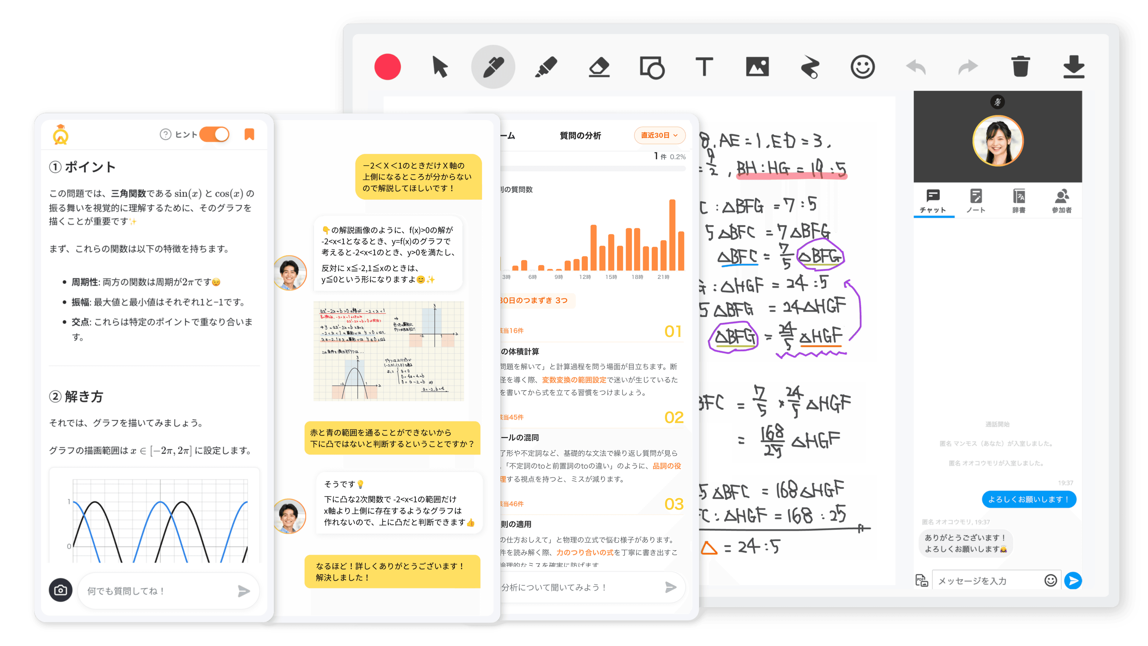 QuickTeacherの画面イメージ:ホワイトボード・チャット・通話