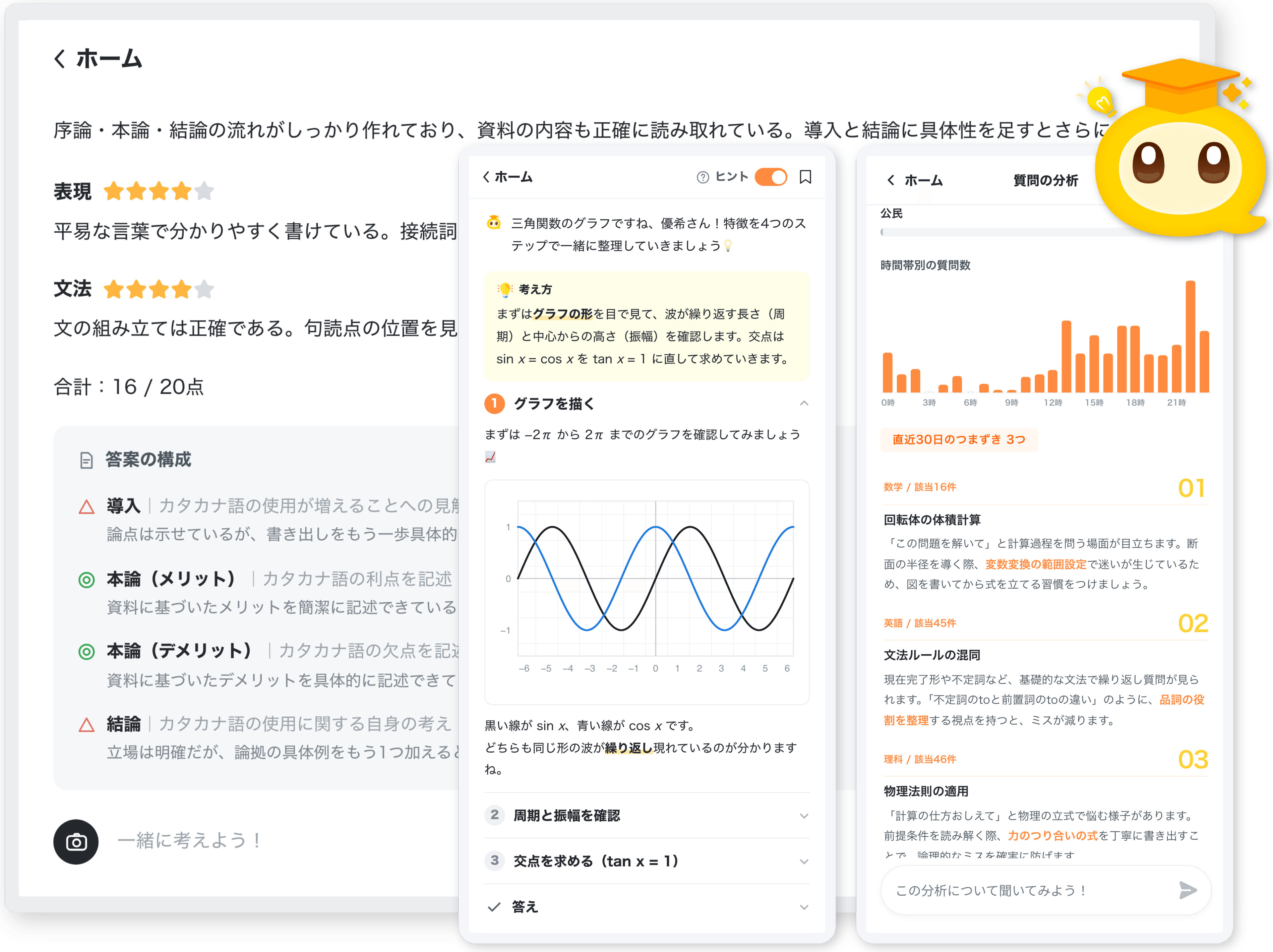 Aloの画面。作文の添削、考え方の手順つきの解説、質問の分析